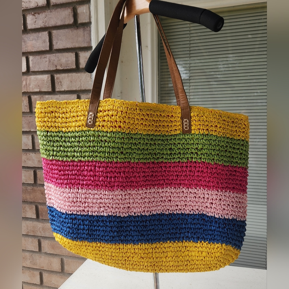 INC Colorful Striped Straw Tote Bag.  NWT - Picture 5 of 12